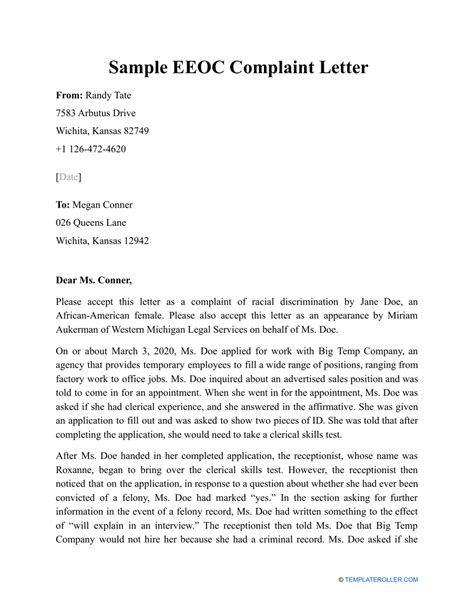 During the insert as appropriate in your letter or during the call you stated that your complaint against the above company was resolved to your satisfaction. . Sample discrimination complaint letter to eeoc